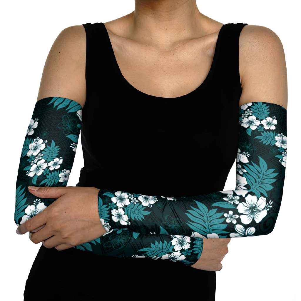 Hawaiian Hibiscus Tribal Floral Teal Arm Sleeves Polynesian Tapa Pattern - Polynesian Pride
