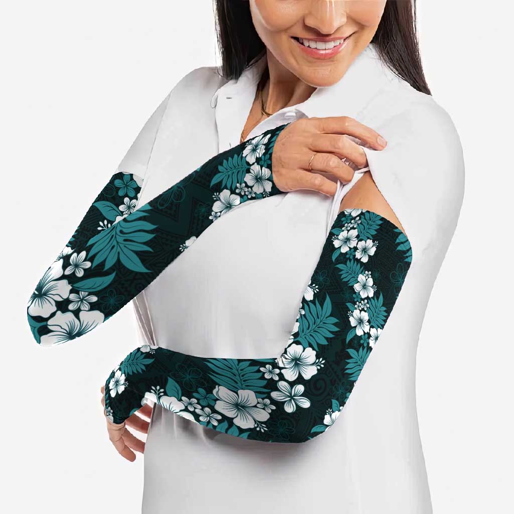 Hawaiian Hibiscus Tribal Floral Teal Arm Sleeves Polynesian Tapa Pattern - Polynesian Pride