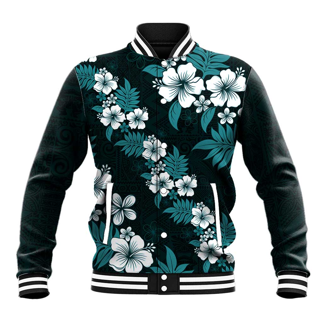 Hawaiian Hibiscus Tribal Floral Teal Baseball Jacket Polynesian Tapa Pattern LT01 Unisex Teal - Polynesian Pride
