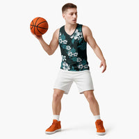 Hawaiian Hibiscus Tribal Floral Teal Basketball Jersey Polynesian Tapa Pattern - Polynesian Pride