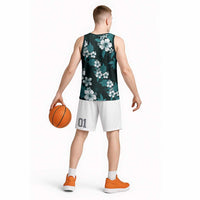 Hawaiian Hibiscus Tribal Floral Teal Basketball Jersey Polynesian Tapa Pattern - Polynesian Pride