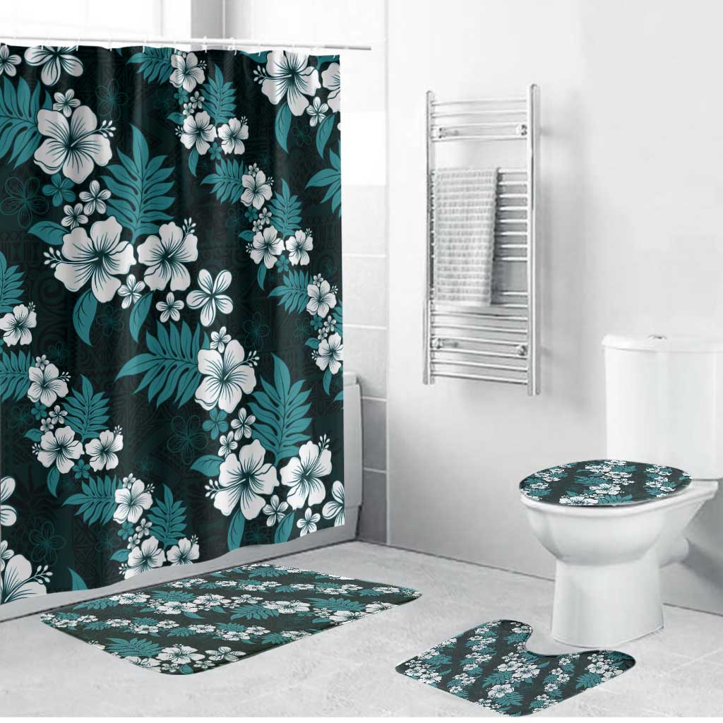 Hawaiian Hibiscus Tribal Floral Teal Bathroom Set Polynesian Tapa Pattern - Polynesian Pride