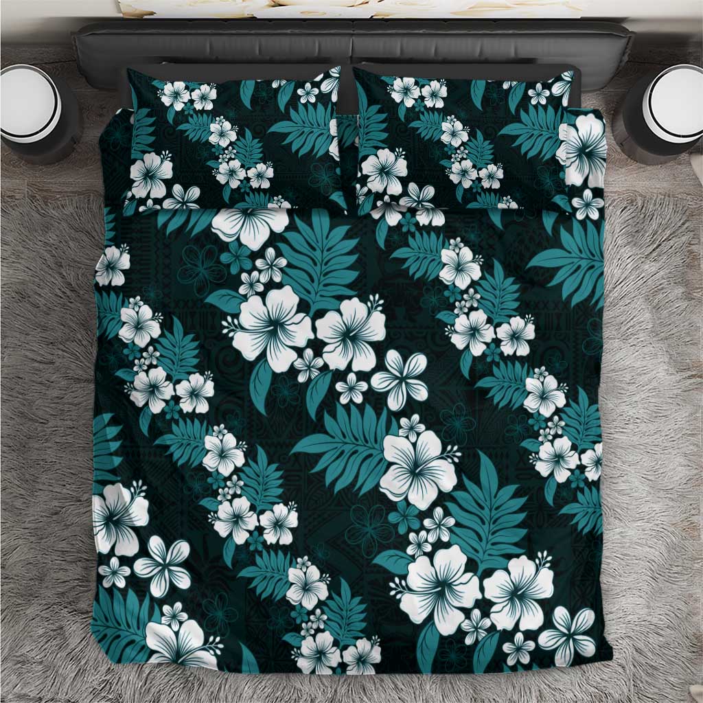 Hawaiian Hibiscus Tribal Floral Teal Bedding Set Polynesian Tapa Pattern - Polynesian Pride