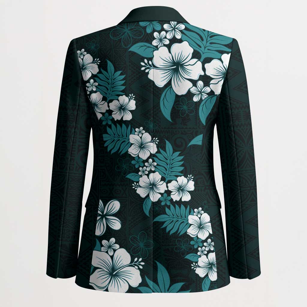 Hawaiian Hibiscus Tribal Floral Teal Blazer Polynesian Tapa Pattern - Polynesian Pride