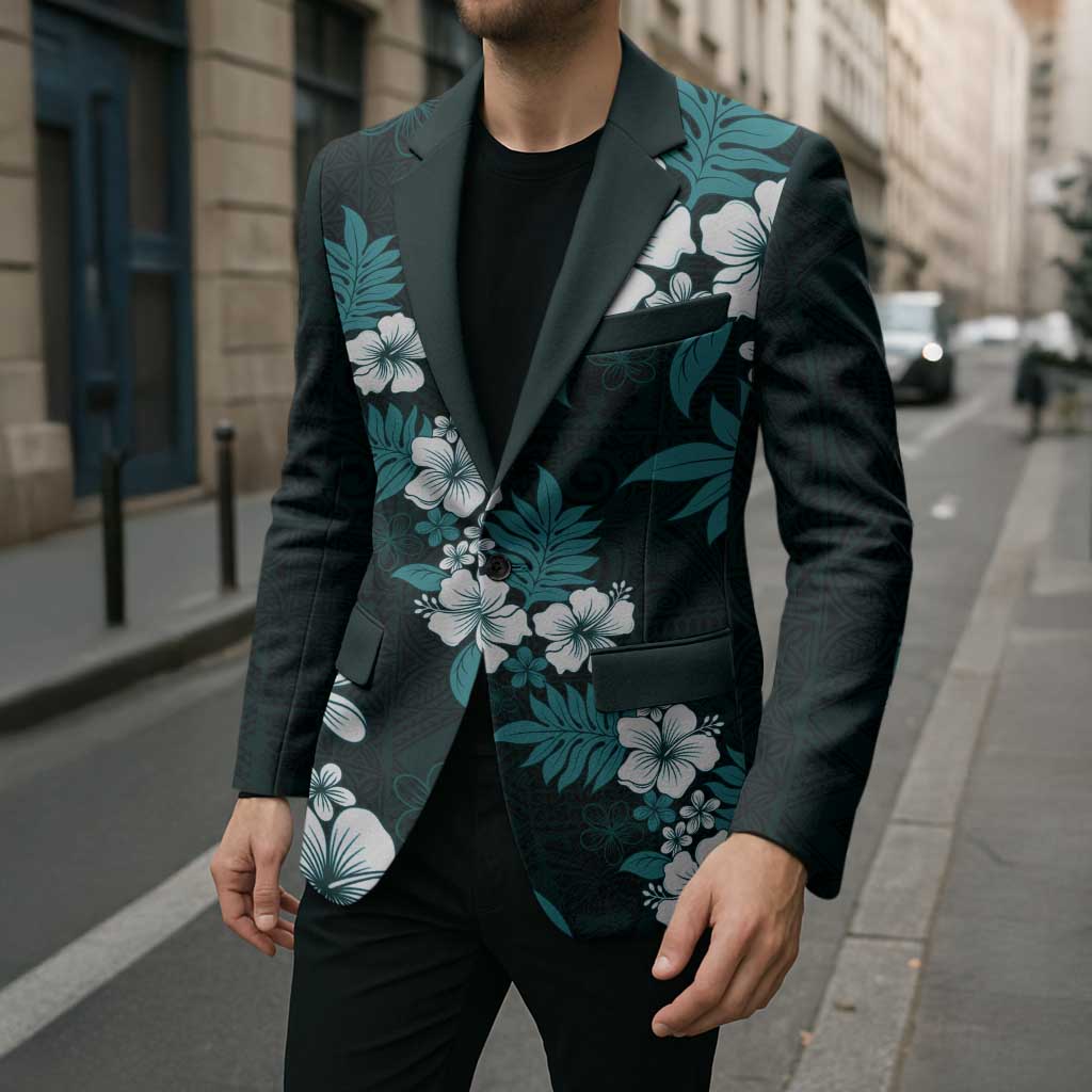 Hawaiian Hibiscus Tribal Floral Teal Blazer Polynesian Tapa Pattern - Polynesian Pride