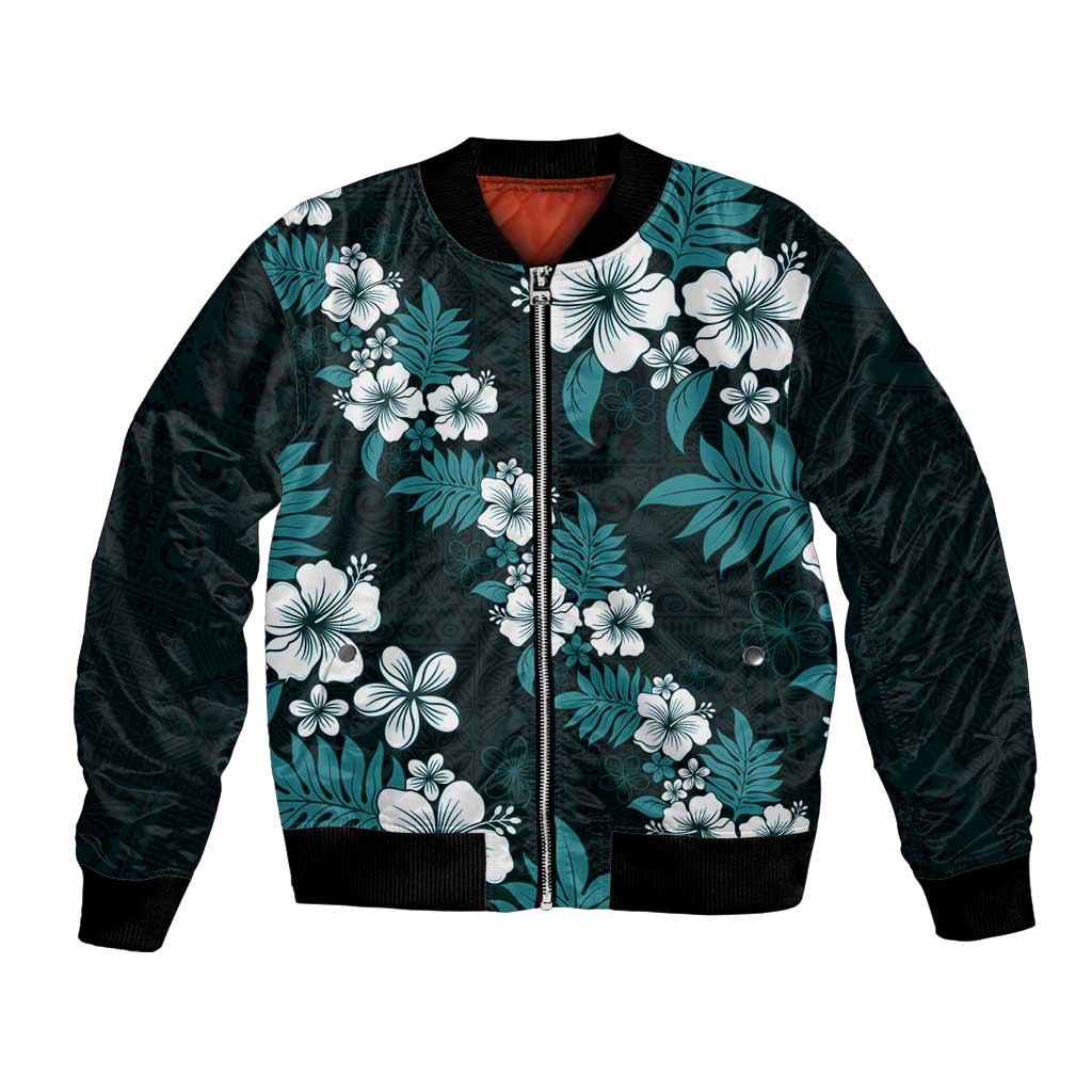 Hawaiian Hibiscus Tribal Floral Teal Bomber Jacket Polynesian Tapa Pattern LT01 Unisex Teal - Polynesian Pride