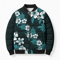 Hawaiian Hibiscus Tribal Floral Teal Bomber Puffer Jacket Polynesian Tapa Pattern - Polynesian Pride