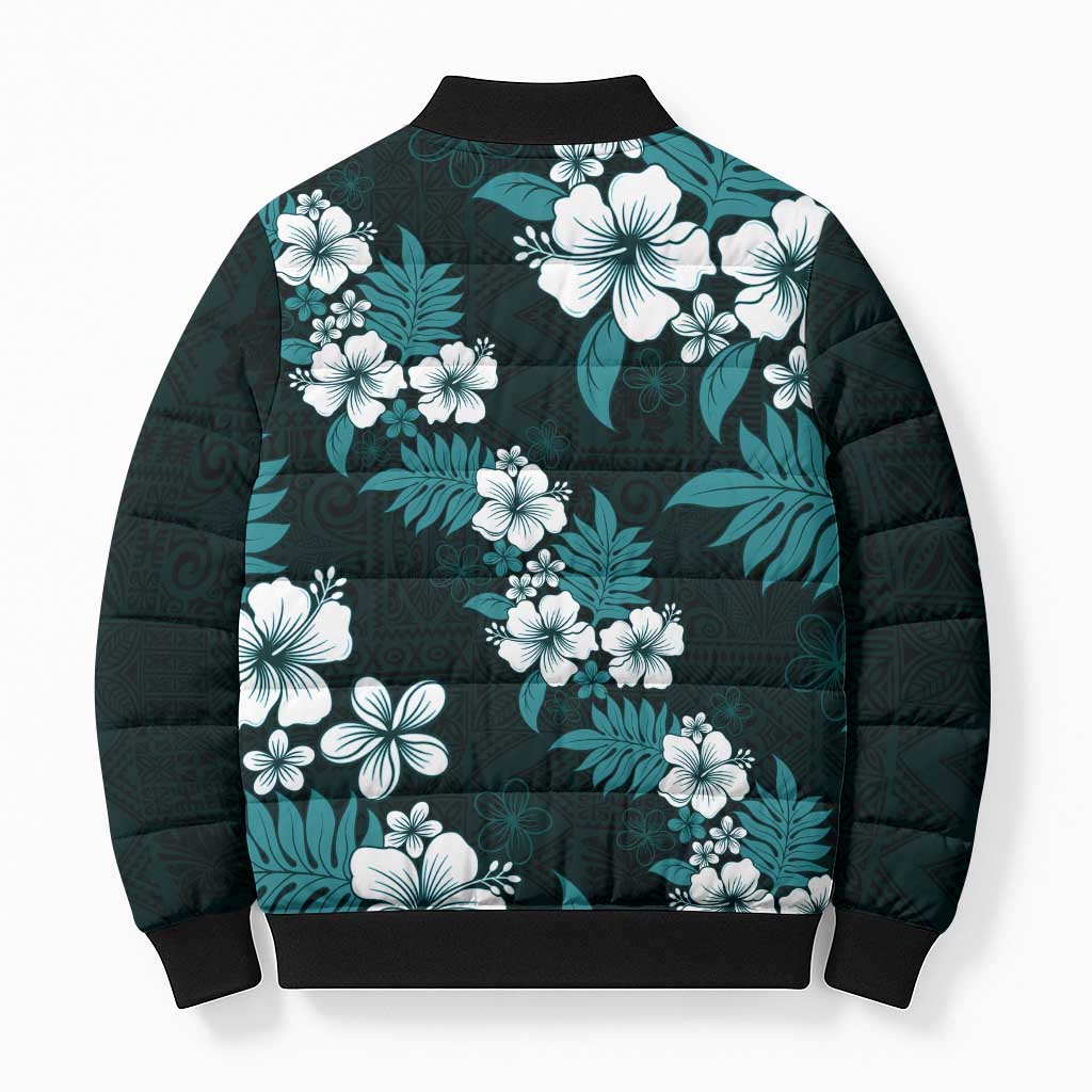 Hawaiian Hibiscus Tribal Floral Teal Bomber Puffer Jacket Polynesian Tapa Pattern - Polynesian Pride