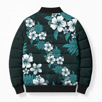 Hawaiian Hibiscus Tribal Floral Teal Bomber Puffer Jacket Polynesian Tapa Pattern - Polynesian Pride