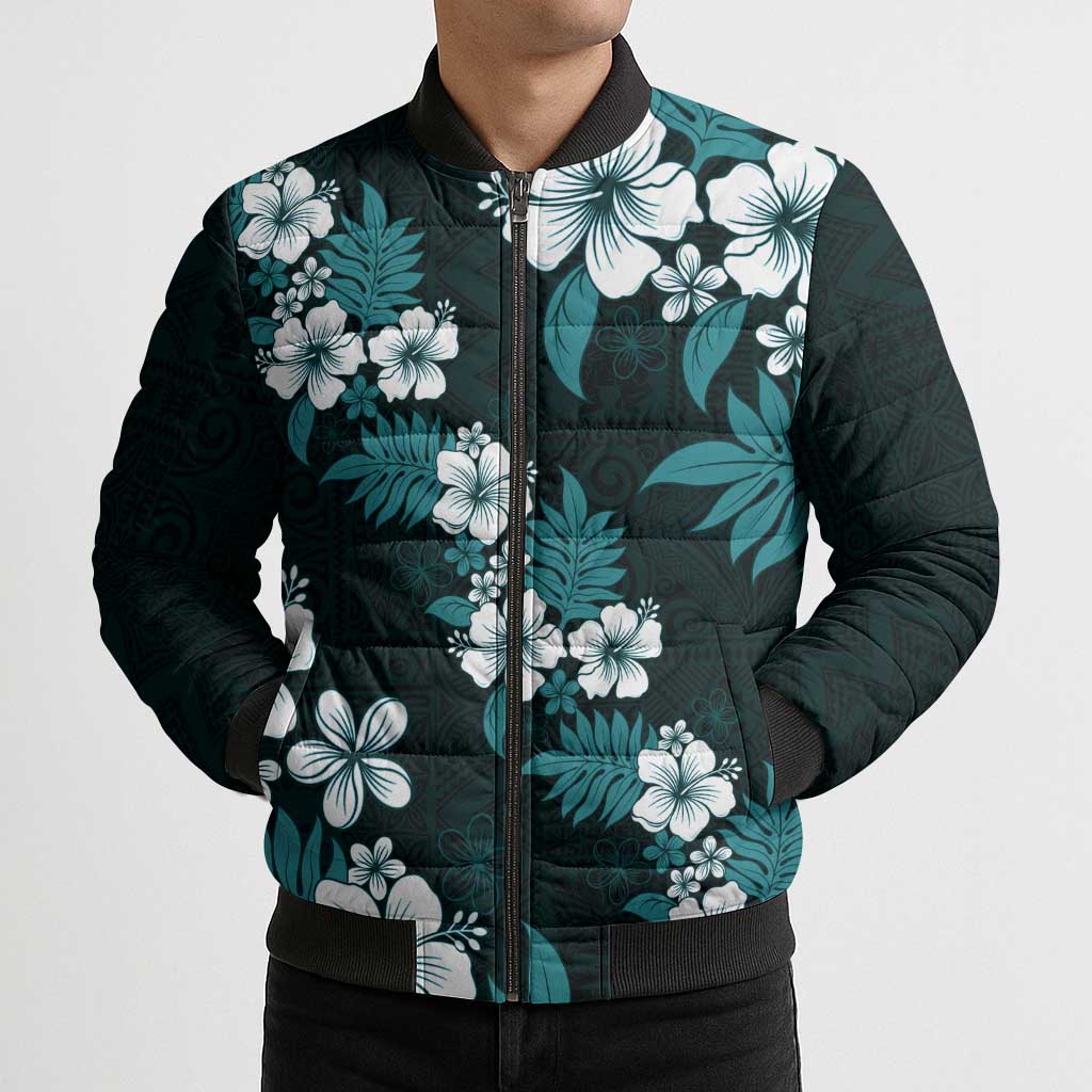 Hawaiian Hibiscus Tribal Floral Teal Bomber Puffer Jacket Polynesian Tapa Pattern - Polynesian Pride