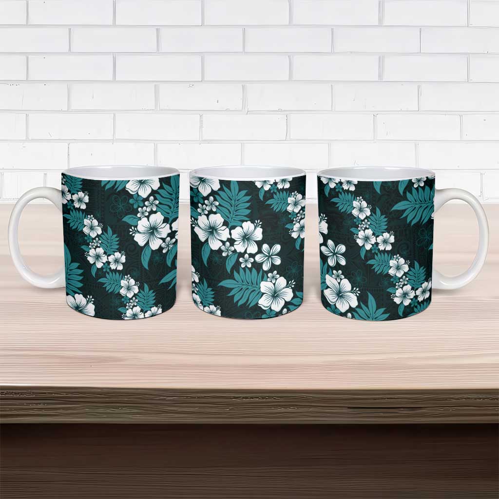 Hawaiian Hibiscus Tribal Floral Teal Ceramic Mug Polynesian Tapa Pattern - Polynesian Pride