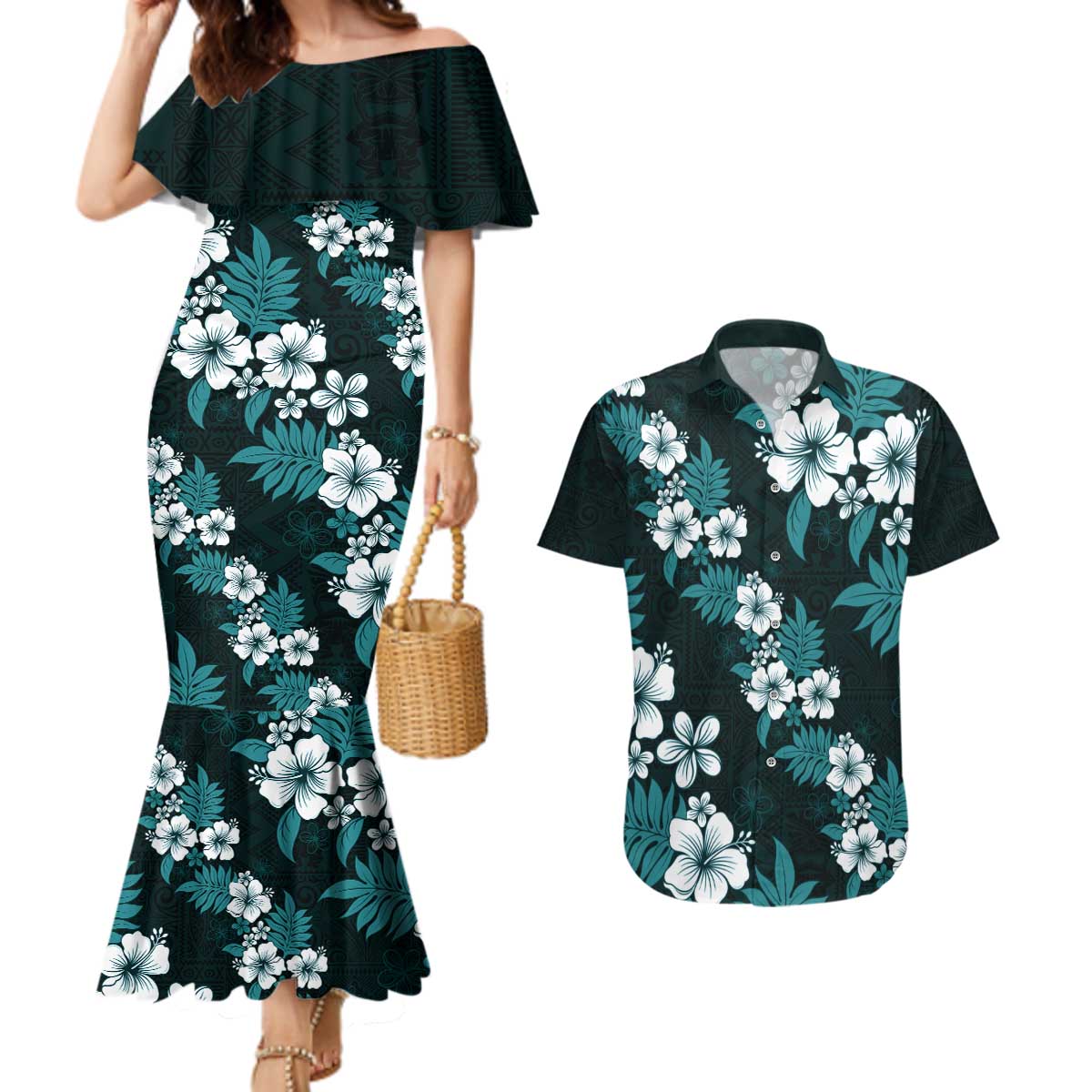 Hawaiian Hibiscus Tribal Floral Teal Couples Matching Mermaid Dress and Hawaiian Shirt Polynesian Tapa Pattern - Polynesian Pride
