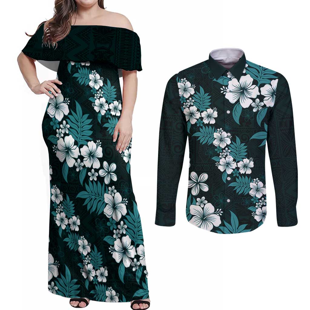Hawaiian Hibiscus Tribal Floral Teal Couples Matching Off Shoulder Maxi Dress and Long Sleeve Button Shirt Polynesian Tapa Pattern - Polynesian Pride