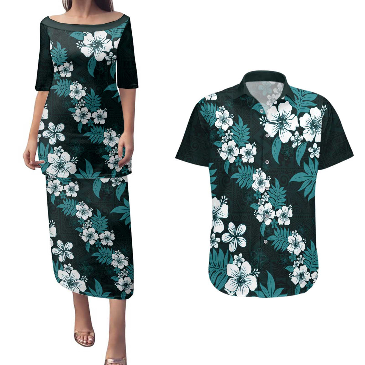 Hawaiian Hibiscus Tribal Floral Teal Couples Matching Puletasi and Hawaiian Shirt Polynesian Tapa Pattern LT01 Teal - Polynesian Pride
