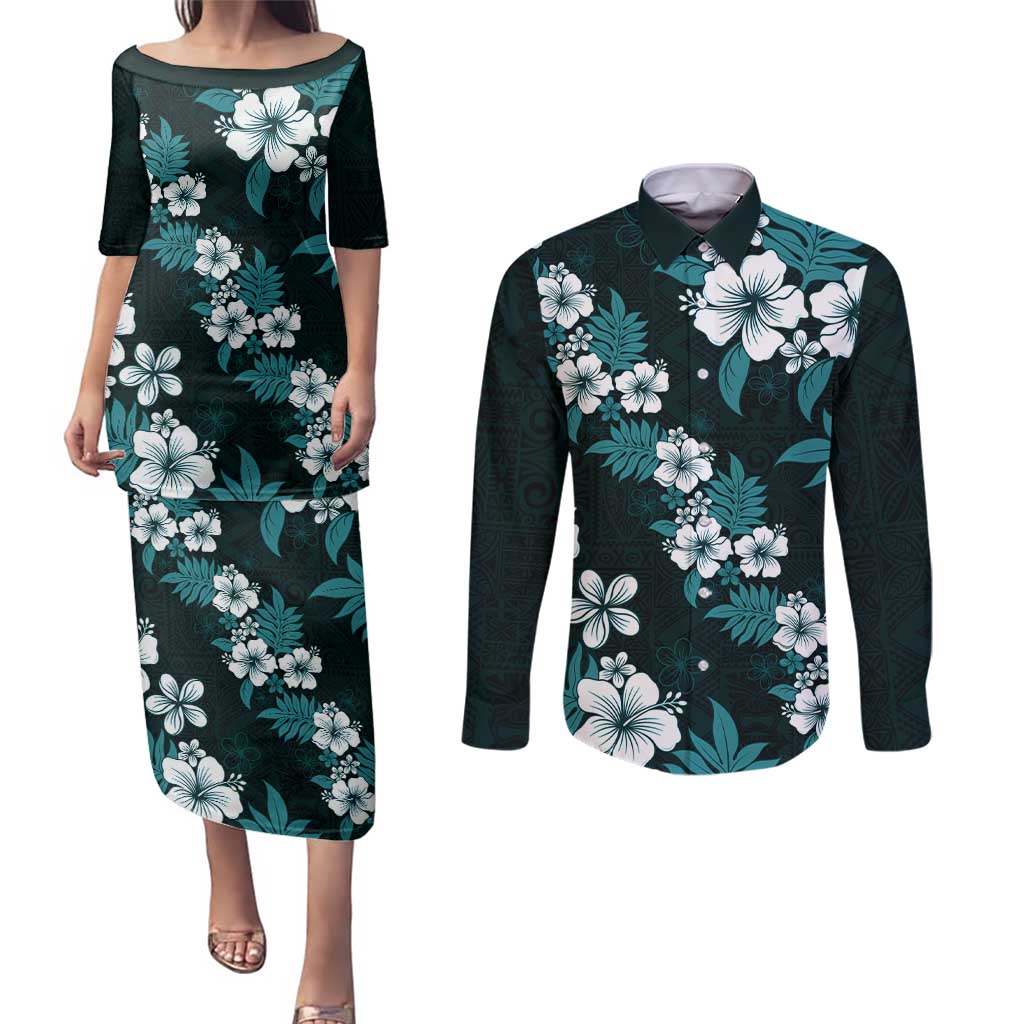 Hawaiian Hibiscus Tribal Floral Teal Couples Matching Puletasi and Long Sleeve Button Shirt Polynesian Tapa Pattern - Polynesian Pride