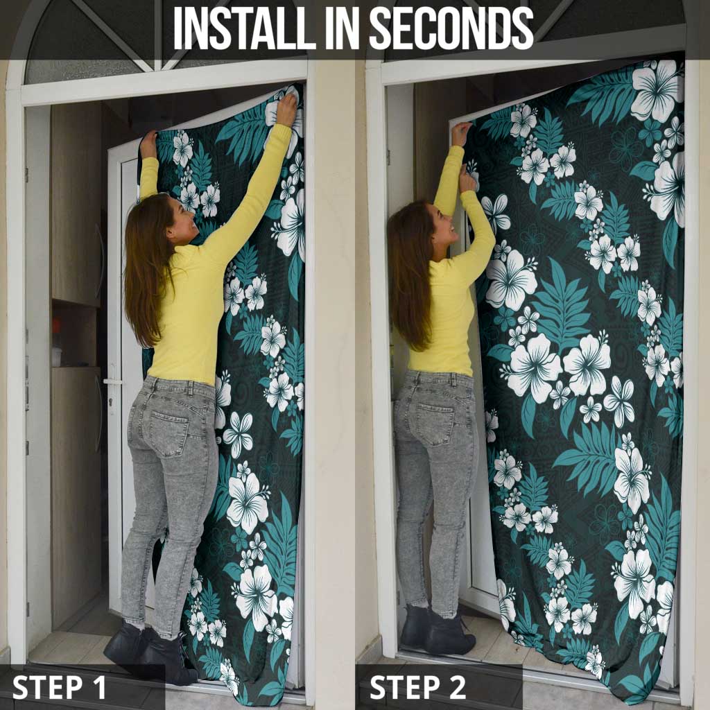 Hawaiian Hibiscus Tribal Floral Teal Door Cover Polynesian Tapa Pattern - Polynesian Pride