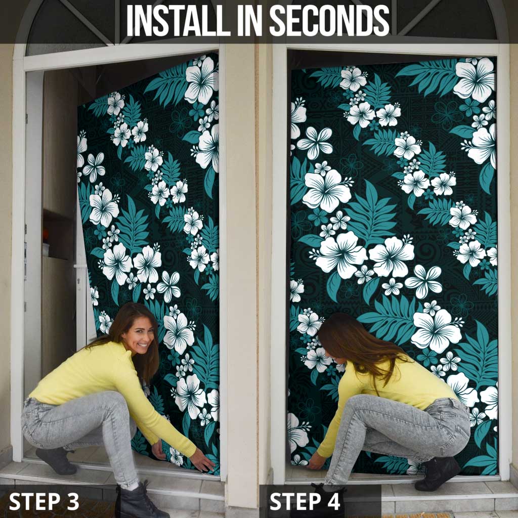 Hawaiian Hibiscus Tribal Floral Teal Door Cover Polynesian Tapa Pattern - Polynesian Pride