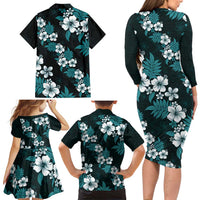 Hawaiian Hibiscus Tribal Floral Teal Family Matching Long Sleeve Bodycon Dress and Hawaiian Shirt Polynesian Tapa Pattern - Polynesian Pride