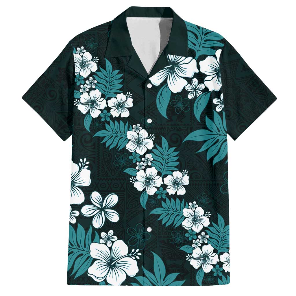 Hawaiian Hibiscus Tribal Floral Teal Family Matching Long Sleeve Bodycon Dress and Hawaiian Shirt Polynesian Tapa Pattern - Polynesian Pride