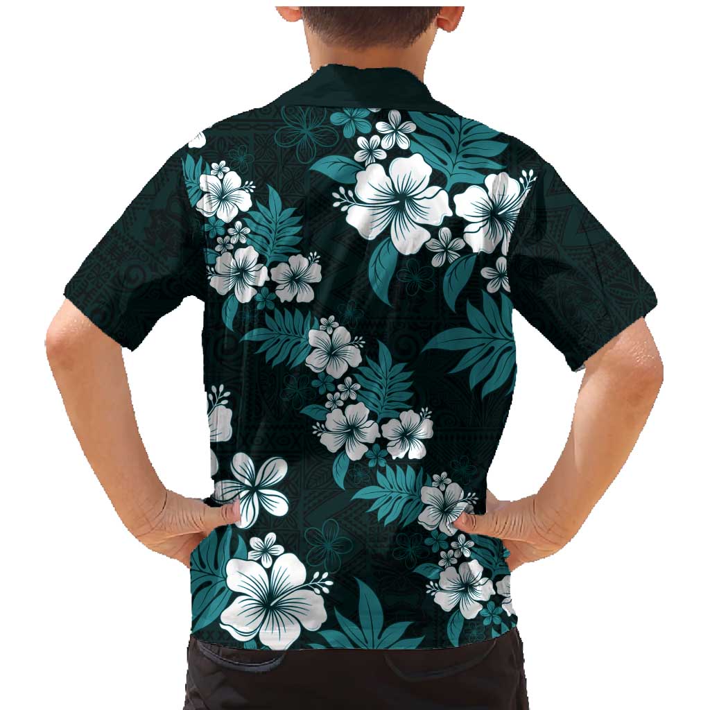 Hawaiian Hibiscus Tribal Floral Teal Family Matching Mermaid Dress and Hawaiian Shirt Polynesian Tapa Pattern - Polynesian Pride
