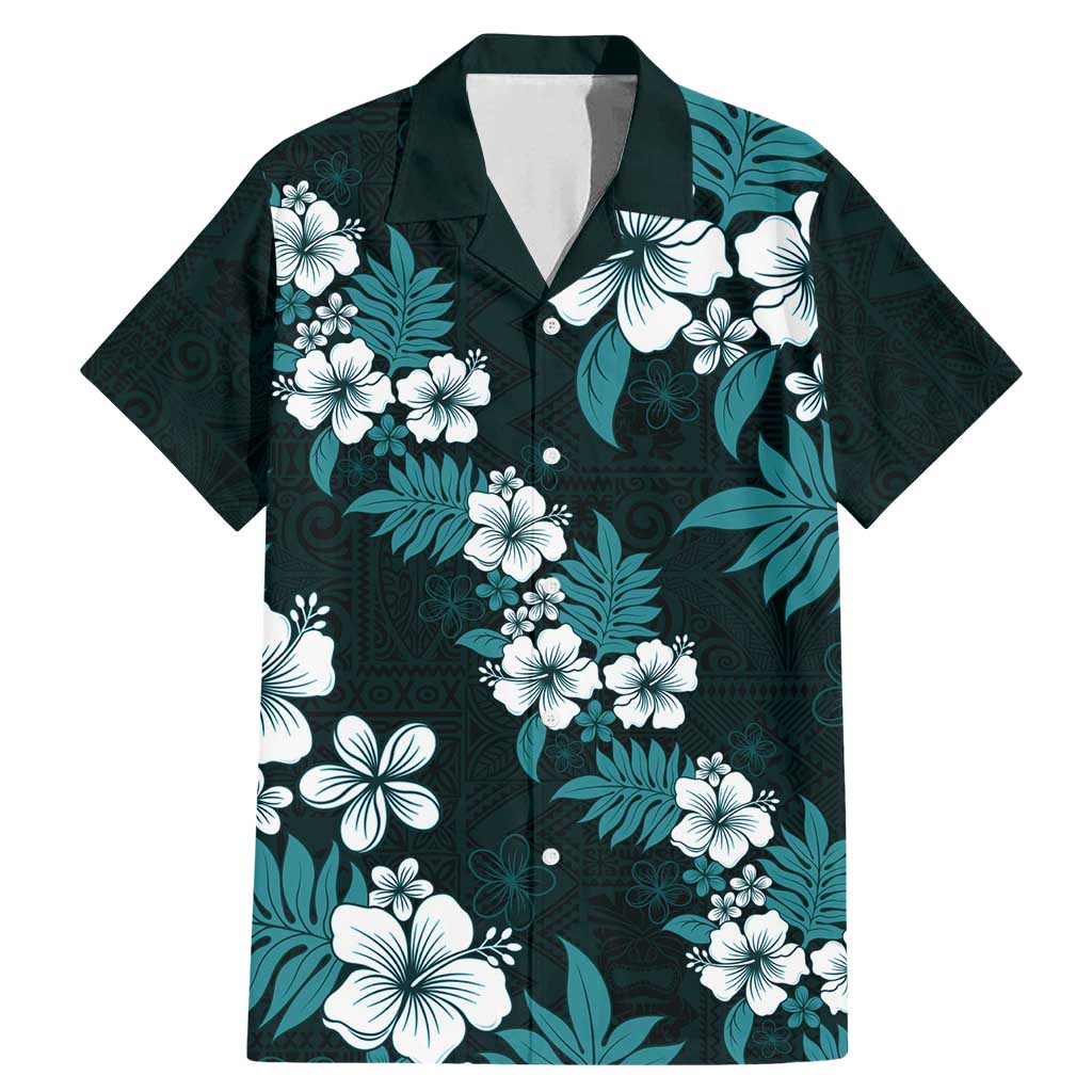 Hawaiian Hibiscus Tribal Floral Teal Family Matching Mermaid Dress and Hawaiian Shirt Polynesian Tapa Pattern - Polynesian Pride