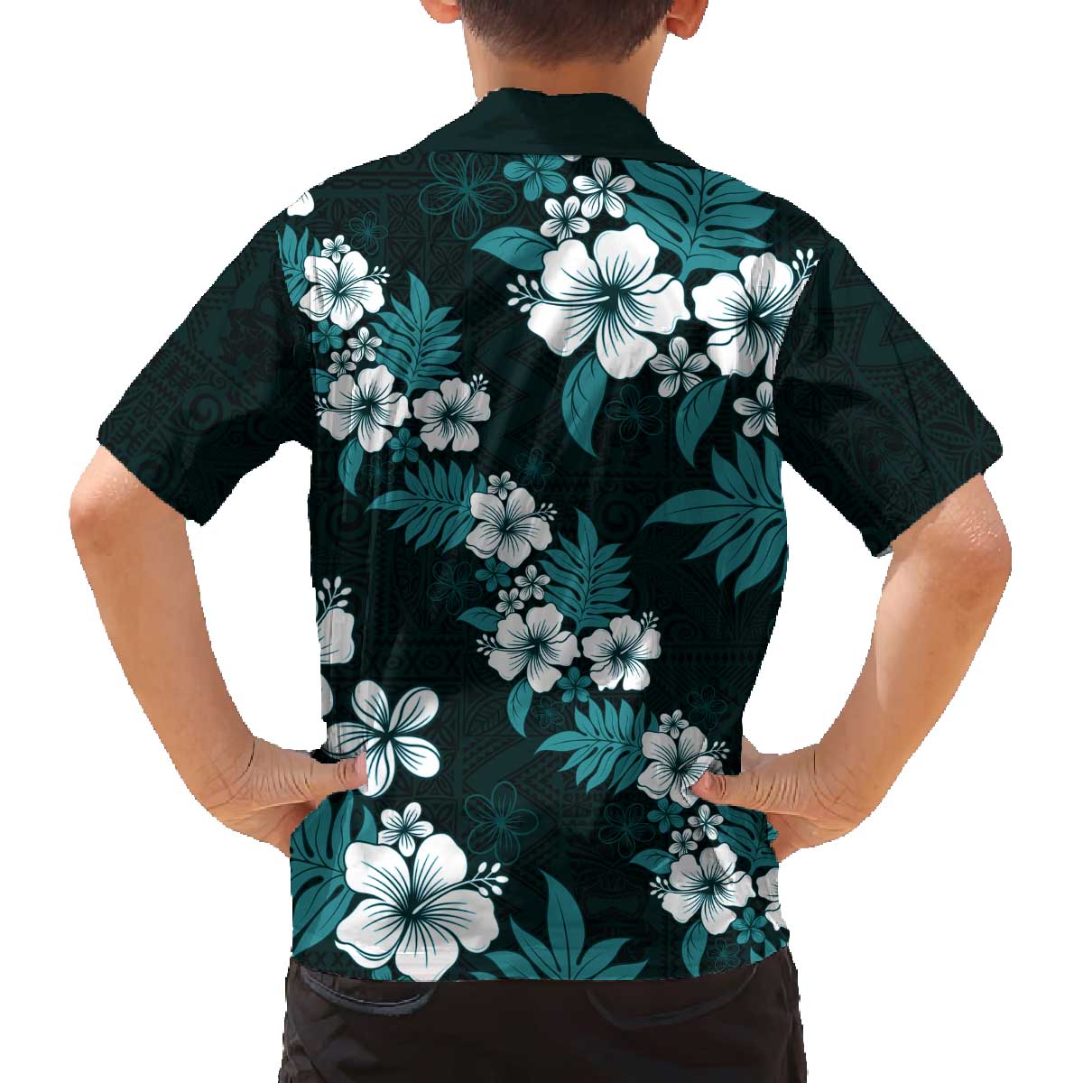 Hawaiian Hibiscus Tribal Floral Teal Family Matching Off The Shoulder Long Sleeve Dress and Hawaiian Shirt Polynesian Tapa Pattern - Polynesian Pride
