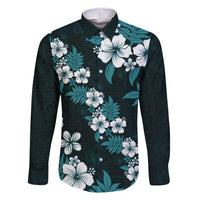Hawaiian Hibiscus Tribal Floral Teal Family Matching Off The Shoulder Long Sleeve Dress and Hawaiian Shirt Polynesian Tapa Pattern - Polynesian Pride