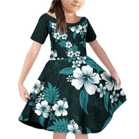 Hawaiian Hibiscus Tribal Floral Teal Family Matching Off Shoulder Short Dress and Hawaiian Shirt Polynesian Tapa Pattern - Polynesian Pride