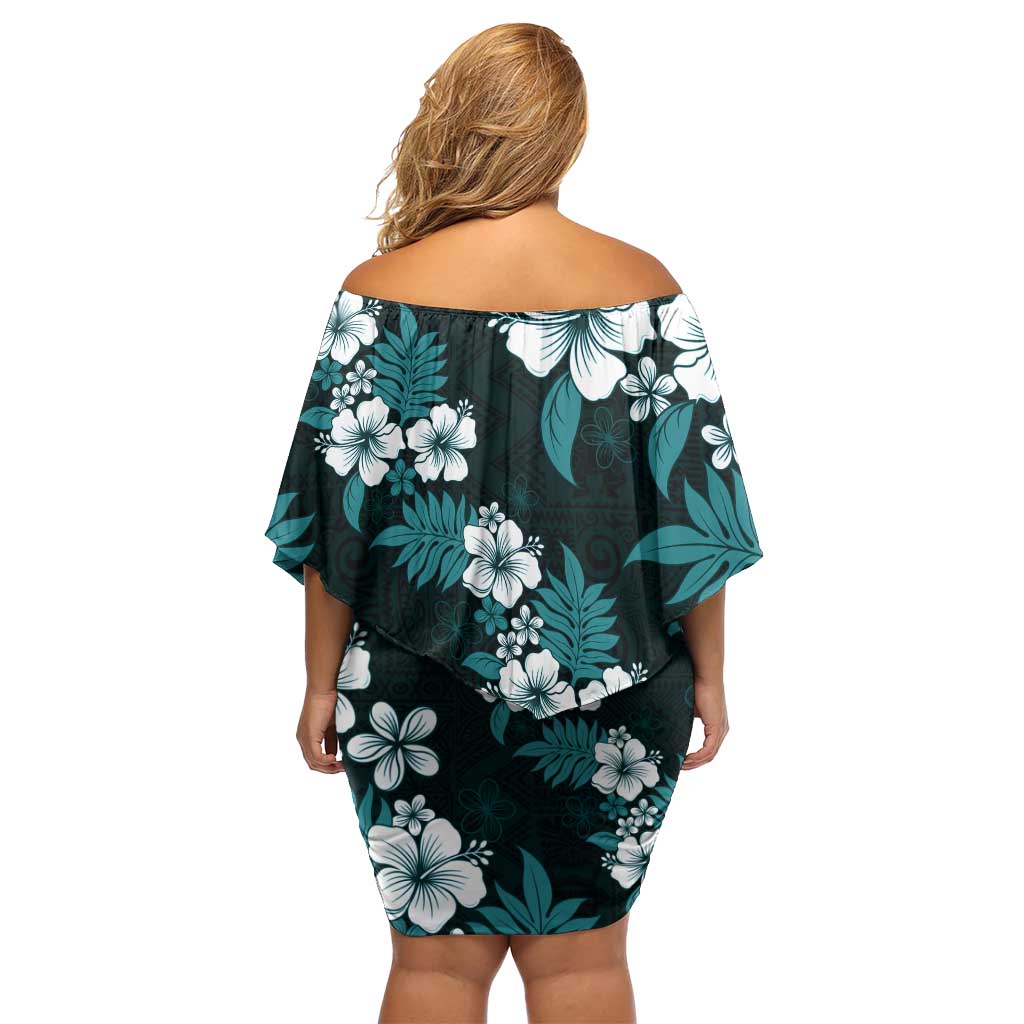 Hawaiian Hibiscus Tribal Floral Teal Family Matching Off Shoulder Short Dress and Hawaiian Shirt Polynesian Tapa Pattern - Polynesian Pride