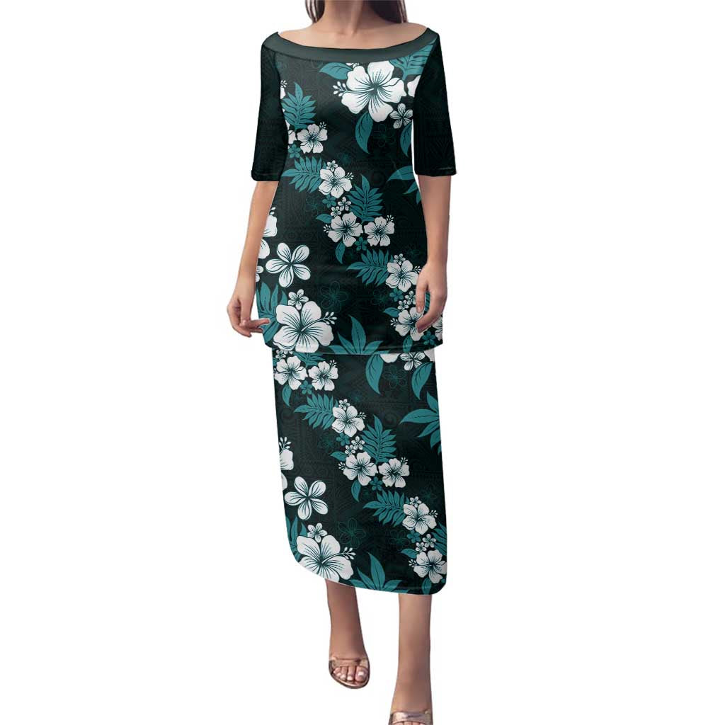 Hawaiian Hibiscus Tribal Floral Teal Family Matching Puletasi and Hawaiian Shirt Polynesian Tapa Pattern - Polynesian Pride