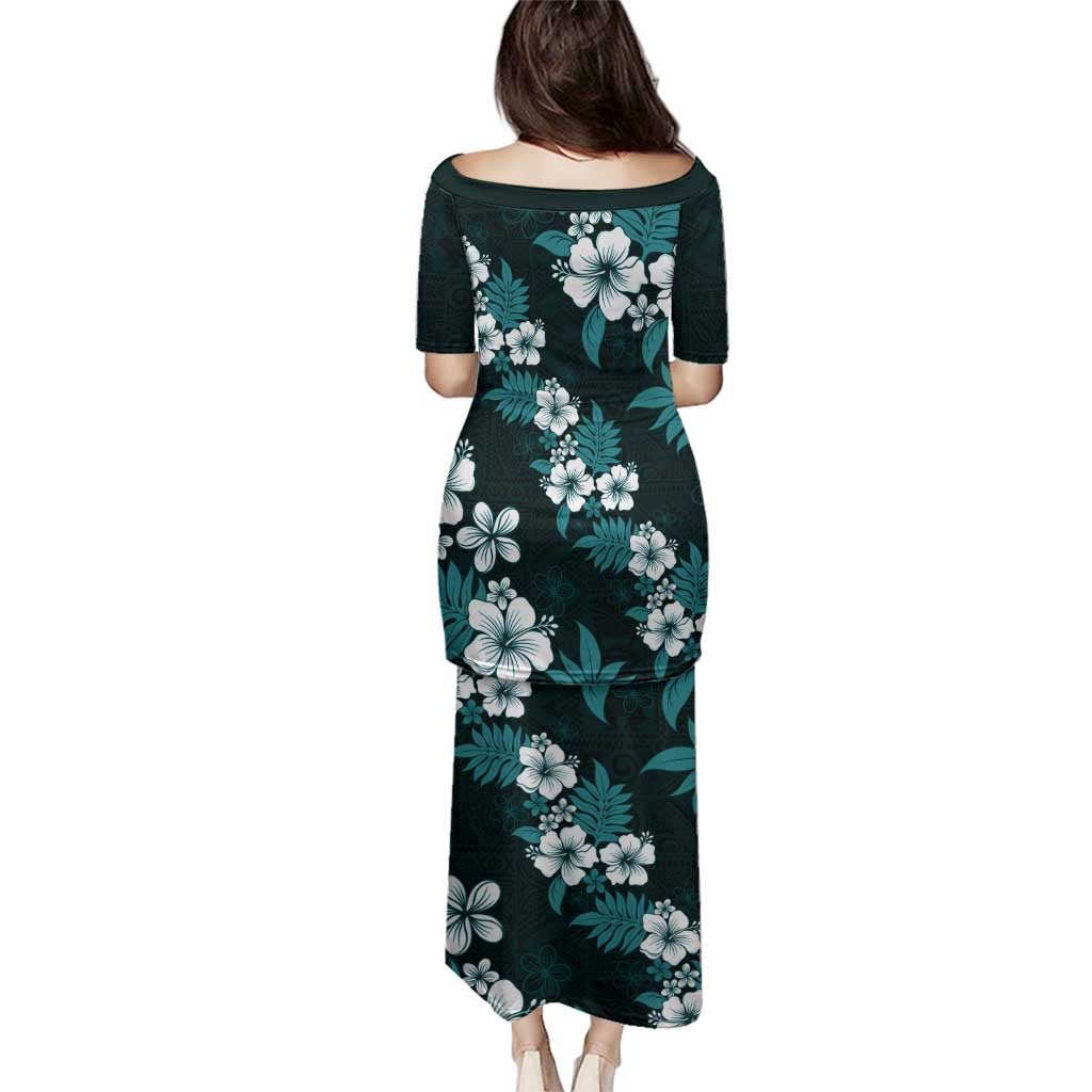 Hawaiian Hibiscus Tribal Floral Teal Family Matching Puletasi and Hawaiian Shirt Polynesian Tapa Pattern - Polynesian Pride