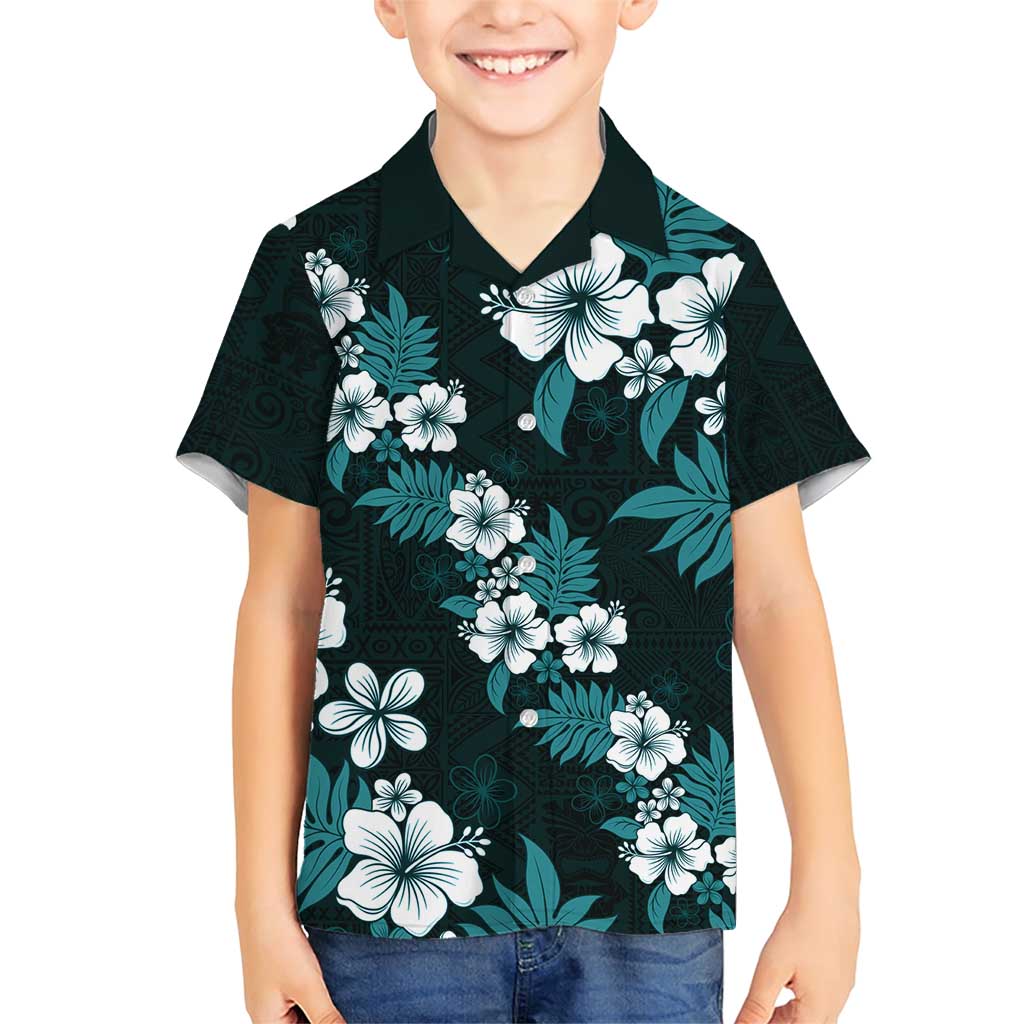 Hawaiian Hibiscus Tribal Floral Teal Family Matching Short Sleeve Bodycon Dress and Hawaiian Shirt Polynesian Tapa Pattern - Polynesian Pride