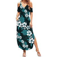Hawaiian Hibiscus Tribal Floral Teal Family Matching Summer Maxi Dress and Hawaiian Shirt Polynesian Tapa Pattern - Polynesian Pride