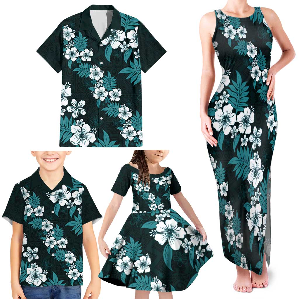 Hawaiian Hibiscus Tribal Floral Teal Family Matching Tank Maxi Dress and Hawaiian Shirt Polynesian Tapa Pattern - Polynesian Pride
