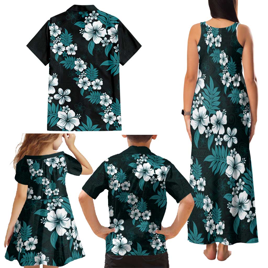 Hawaiian Hibiscus Tribal Floral Teal Family Matching Tank Maxi Dress and Hawaiian Shirt Polynesian Tapa Pattern - Polynesian Pride