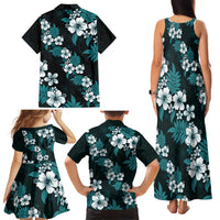 Hawaiian Hibiscus Tribal Floral Teal Family Matching Tank Maxi Dress and Hawaiian Shirt Polynesian Tapa Pattern - Polynesian Pride