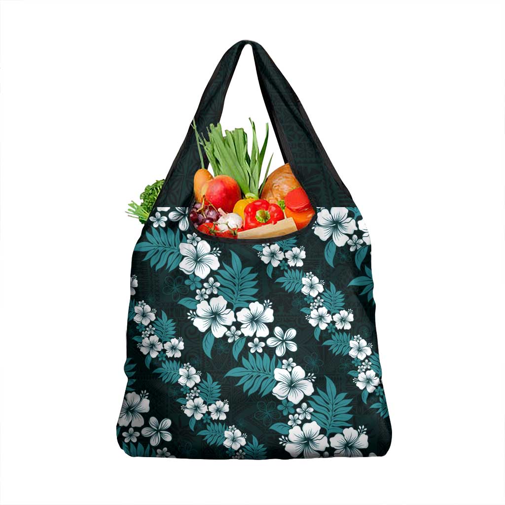 Hawaiian Hibiscus Tribal Floral Teal Grocery Bag Polynesian Tapa Pattern LT01 1-pack One Size Teal - Polynesian Pride