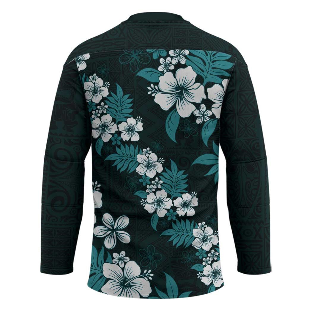 Hawaiian Hibiscus Tribal Floral Teal Hockey Jersey Polynesian Tapa Pattern - Polynesian Pride