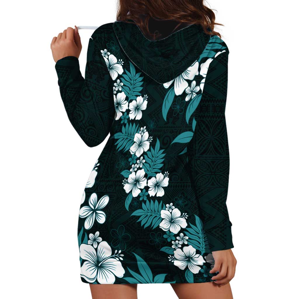Hawaiian Hibiscus Tribal Floral Teal Hoodie Dress Polynesian Tapa Pattern - Polynesian Pride