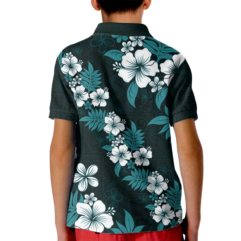Hawaiian Hibiscus Tribal Floral Teal Kid Polo Shirt Polynesian Tapa Pattern - Polynesian Pride