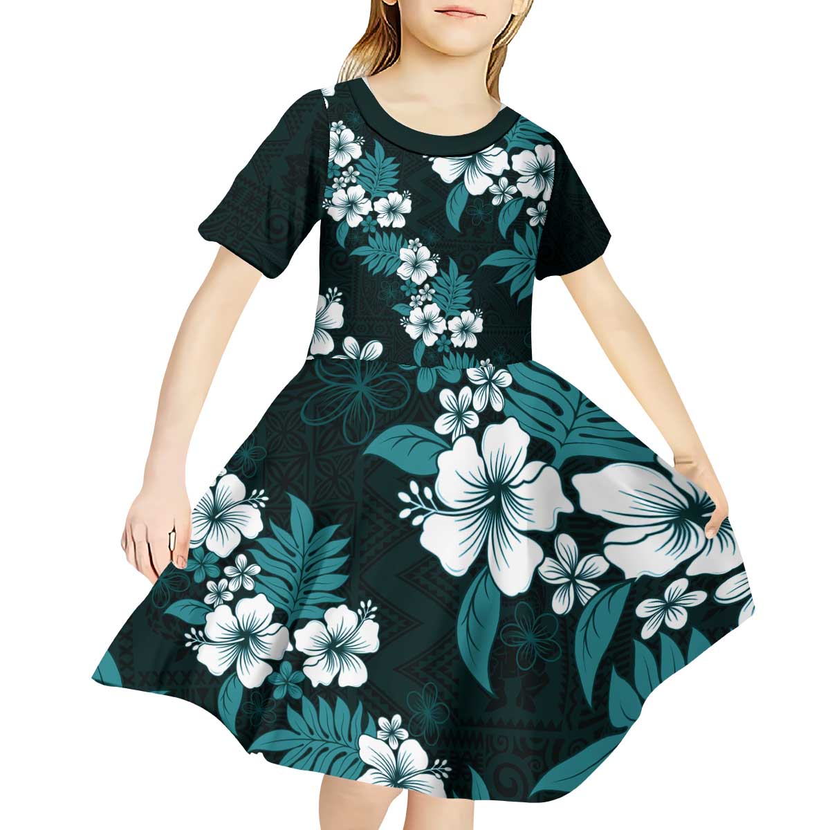 Hawaiian Hibiscus Tribal Floral Teal Kid Short Sleeve Dress Polynesian Tapa Pattern - Polynesian Pride