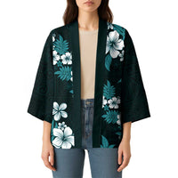Hawaiian Hibiscus Tribal Floral Teal Kimono Polynesian Tapa Pattern - Polynesian Pride