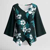 Hawaiian Hibiscus Tribal Floral Teal Kimono Sleeve Blouse Polynesian Tapa Pattern - Polynesian Pride