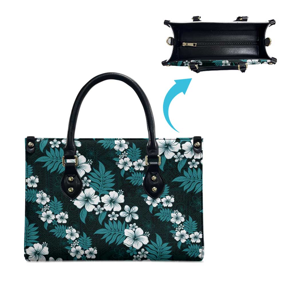 Hawaiian Hibiscus Tribal Floral Teal Leather Bag Polynesian Tapa Pattern - Polynesian Pride