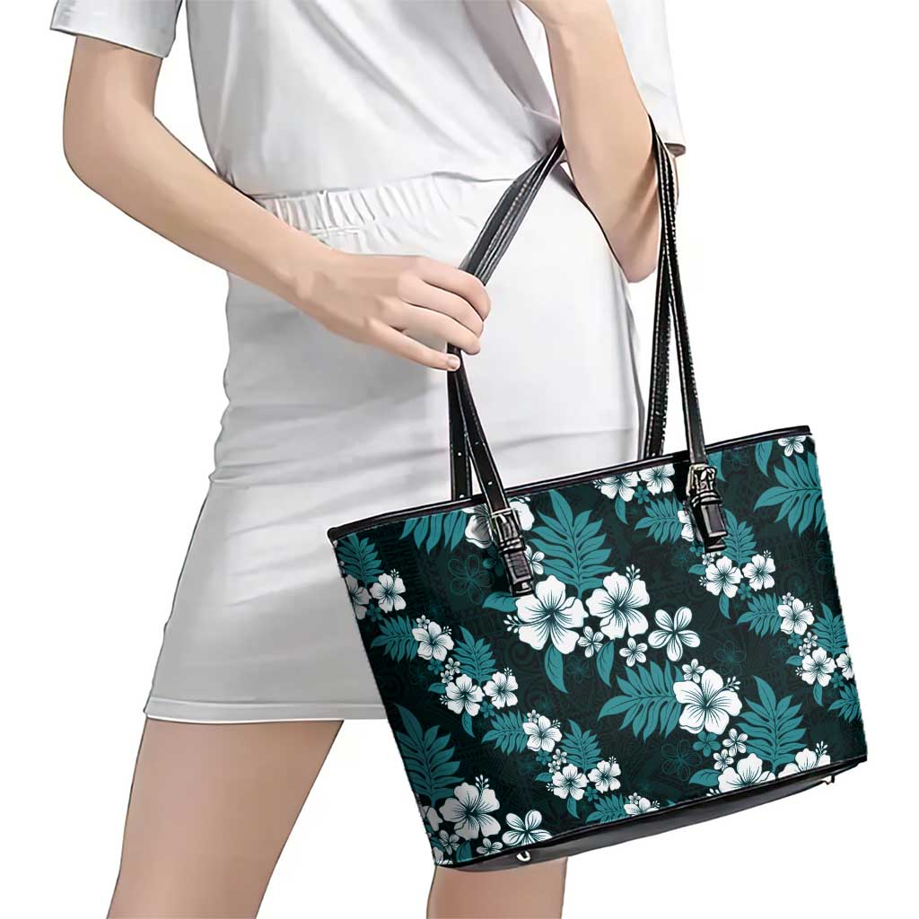 Hawaiian Hibiscus Tribal Floral Teal Leather Tote Bag Polynesian Tapa Pattern - Polynesian Pride