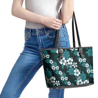 Hawaiian Hibiscus Tribal Floral Teal Leather Tote Bag Polynesian Tapa Pattern - Polynesian Pride