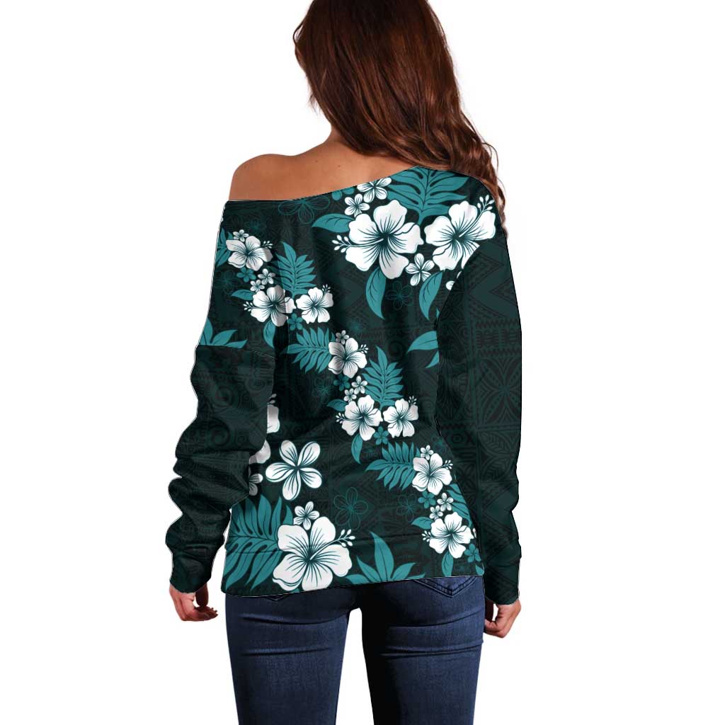 Hawaiian Hibiscus Tribal Floral Teal Off Shoulder Sweater Polynesian Tapa Pattern - Polynesian Pride