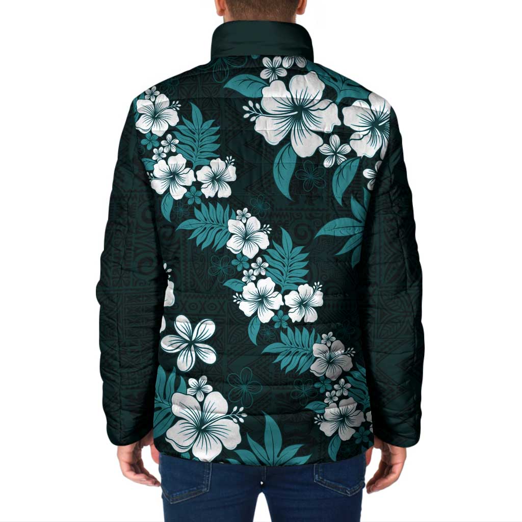 Hawaiian Hibiscus Tribal Floral Teal Padded Jacket Polynesian Tapa Pattern - Polynesian Pride