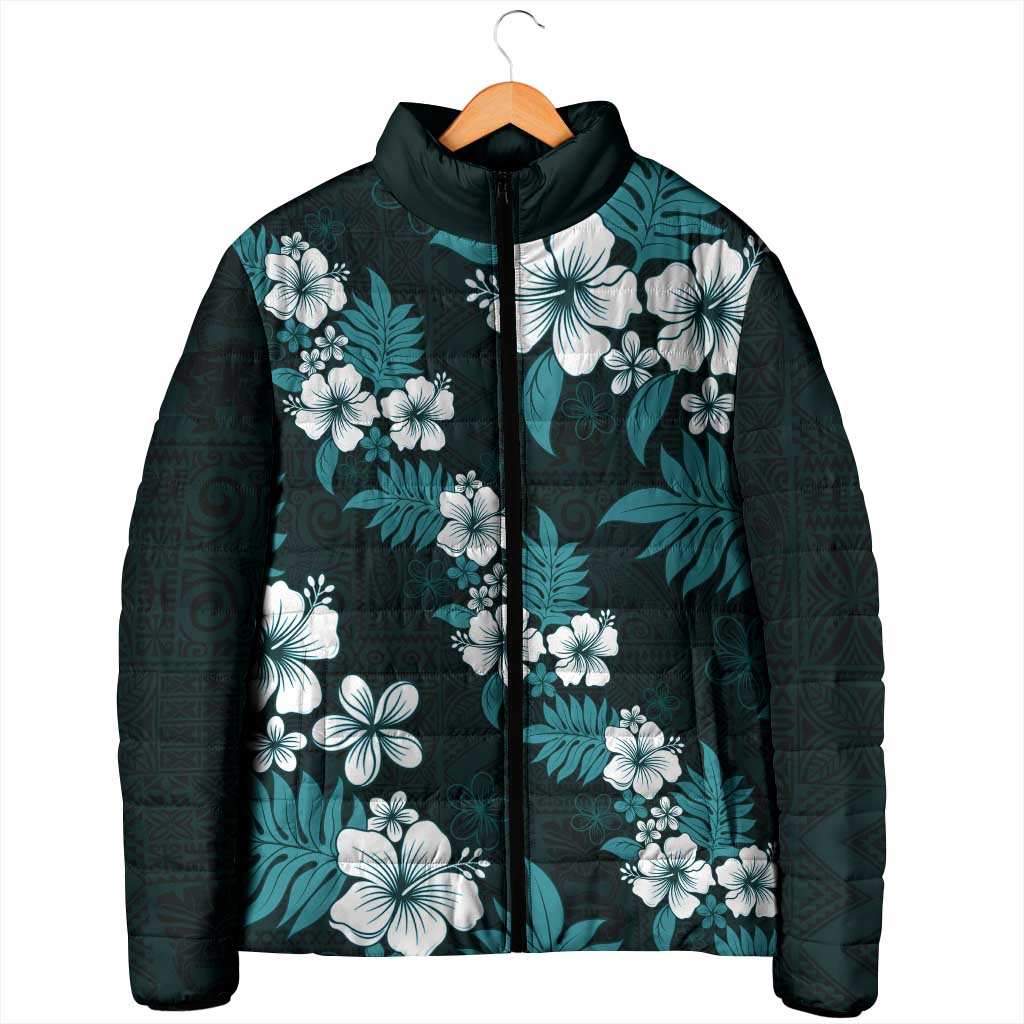Hawaiian Hibiscus Tribal Floral Teal Padded Jacket Polynesian Tapa Pattern - Polynesian Pride
