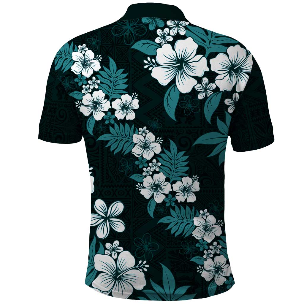 Hawaiian Hibiscus Tribal Floral Teal Polo Shirt Polynesian Tapa Pattern - Polynesian Pride